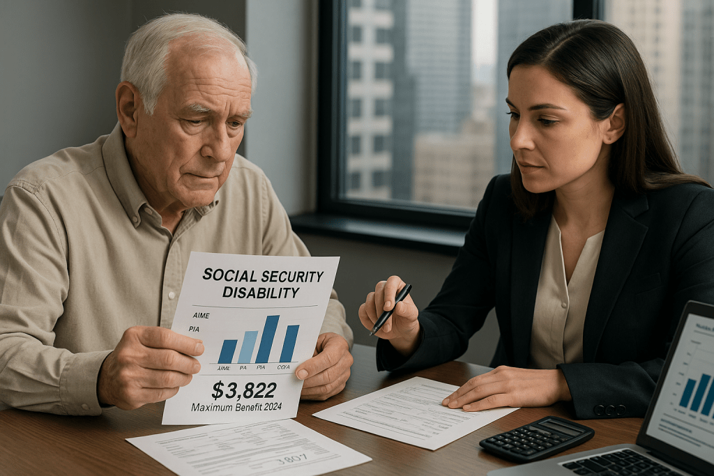 Person reviewing Social Security Disability benefit charts and financial documents at a desk.