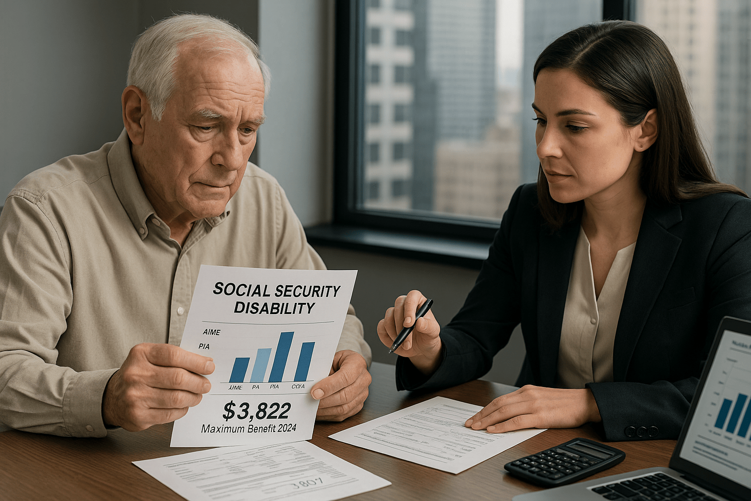 Person reviewing Social Security Disability benefit charts and financial documents at a desk.