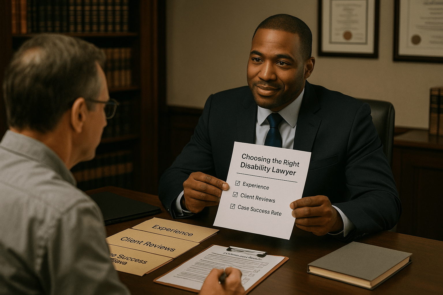 SSDI lawyer explaining how to choose the right disability attorney to a prospective client.