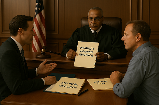 A disability judge reviewing medical records and hearing prep materials during an SSDI hearing.