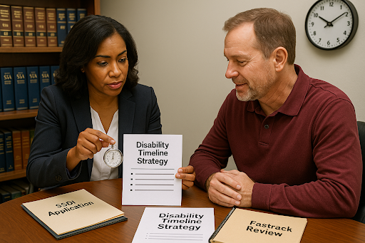 SSDI lawyer discussing disability timeline strategy with client using stopwatch and documents.