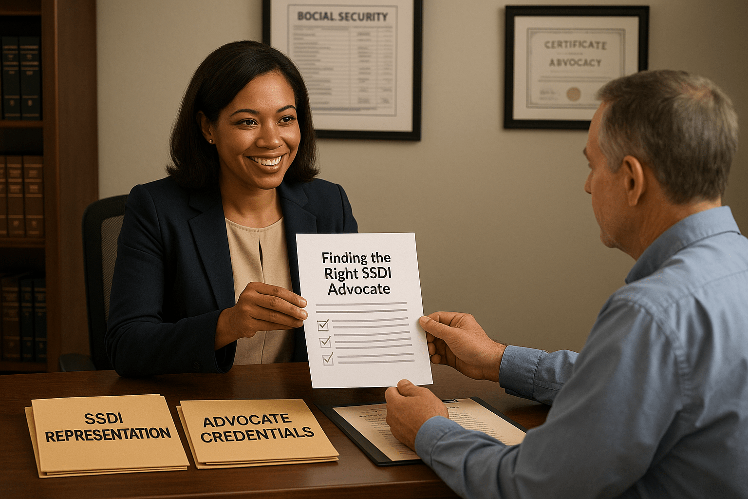 SSDI advocate handing an informational guide to a client in a professional setting.