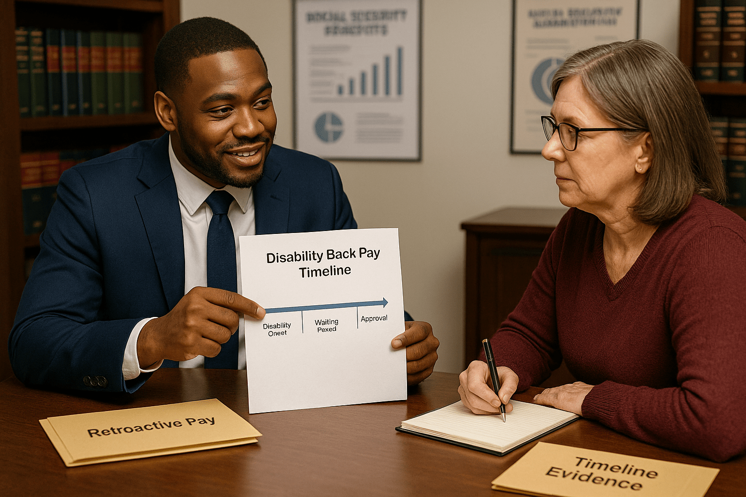 SSDI lawyer explaining disability back pay timeline to client with visual aid.