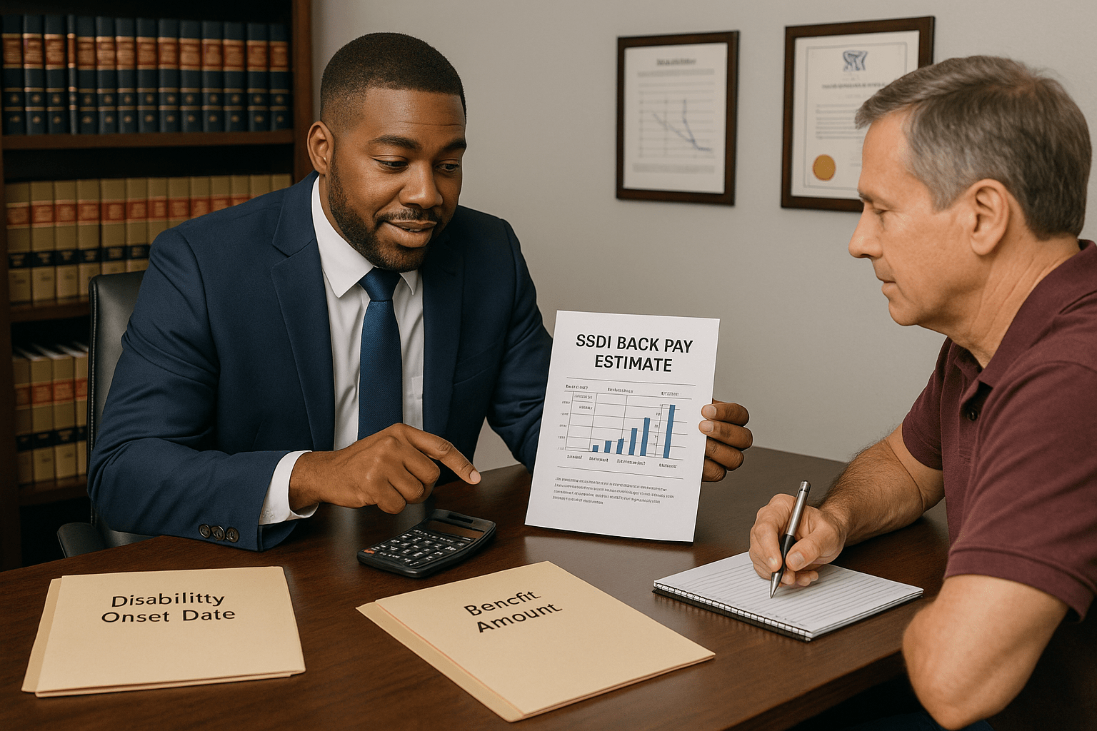 SSDI lawyer reviewing back pay estimate with client using calculator and timeline chart.