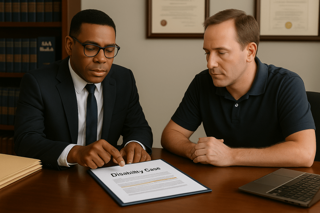 Social Security Disability lawyer reviewing disability case file with client.