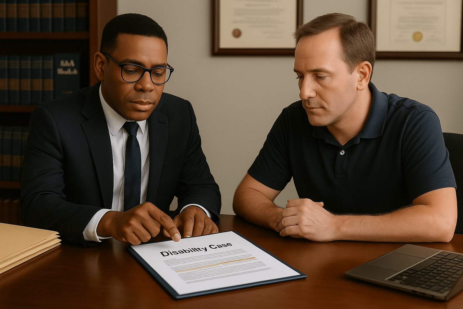 Social Security Disability lawyer reviewing disability case file with client.