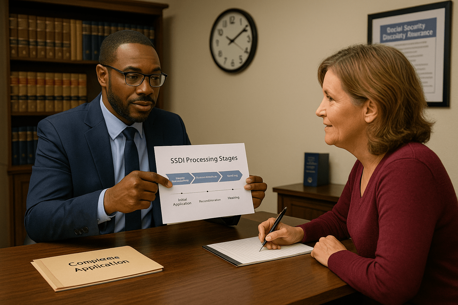 SSDI lawyer explaining disability processing stages to client using a timeline chart.