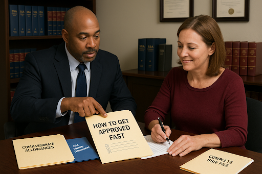 SSDI lawyer pointing to “How to Get Approved Fast” folder while client takes notes.