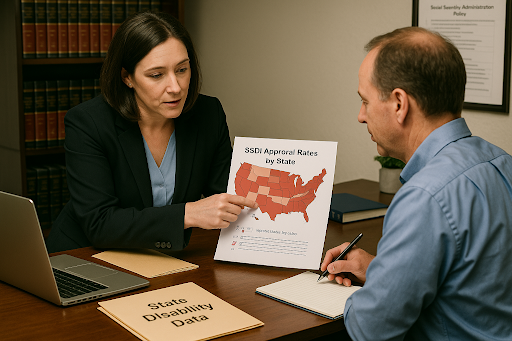 SSDI lawyer showing client a map of disability approval rates by state.