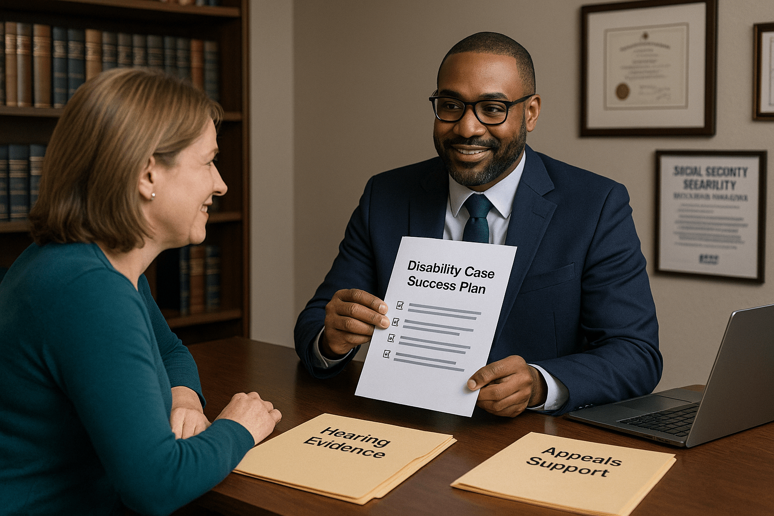 SSDI lawyer presenting disability case success plan to smiling client.