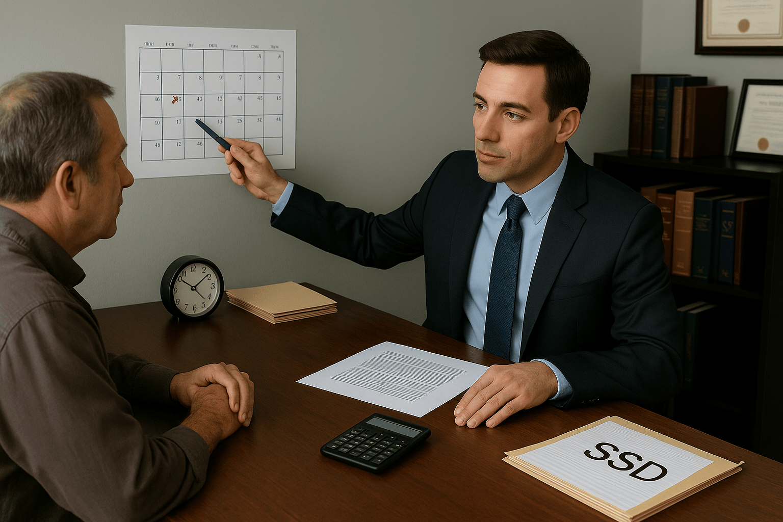 SSDI lawyer pointing to a calendar while discussing disability benefits timeline with a client.