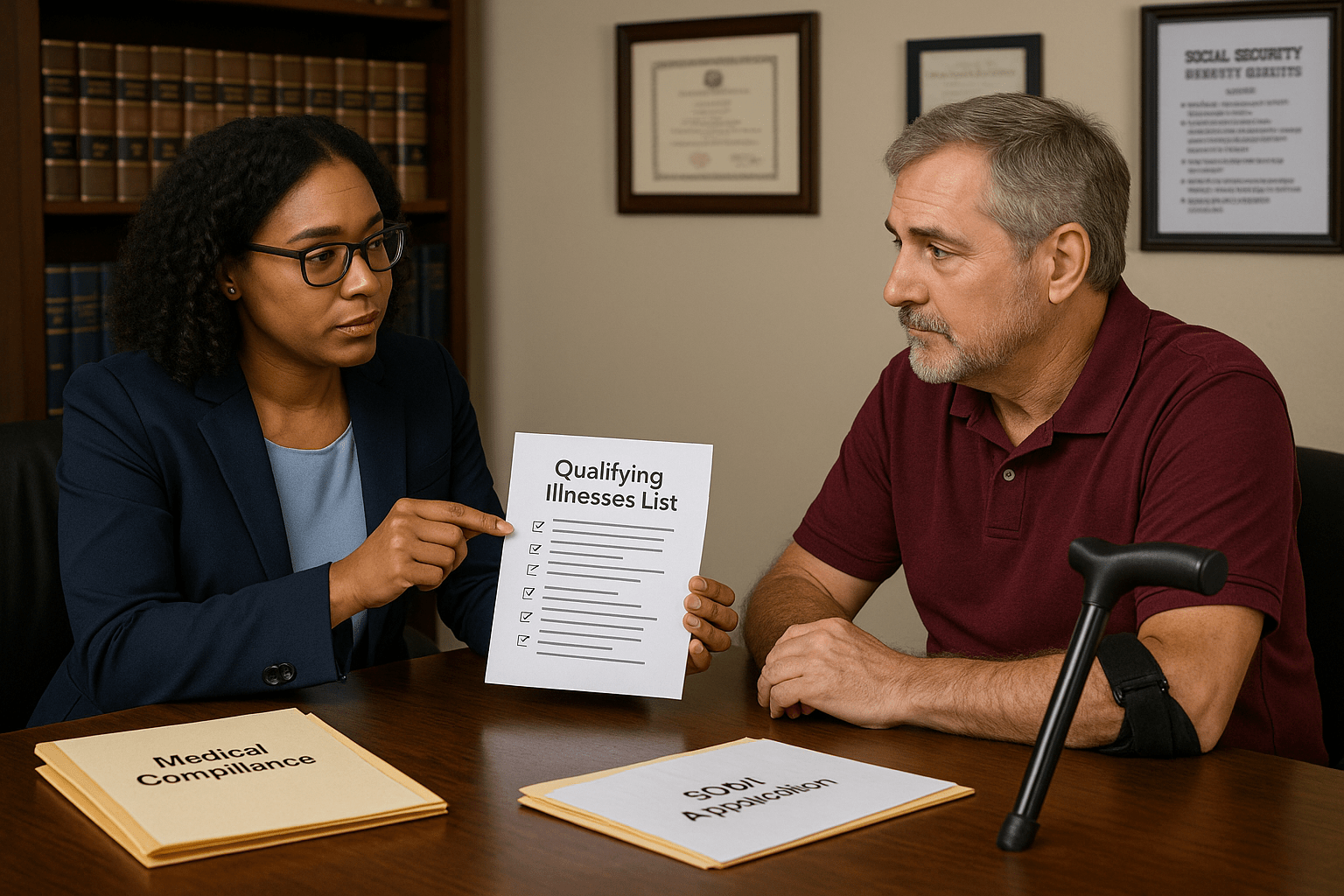 SSDI lawyer reviewing qualifying illness list with client using a cane.