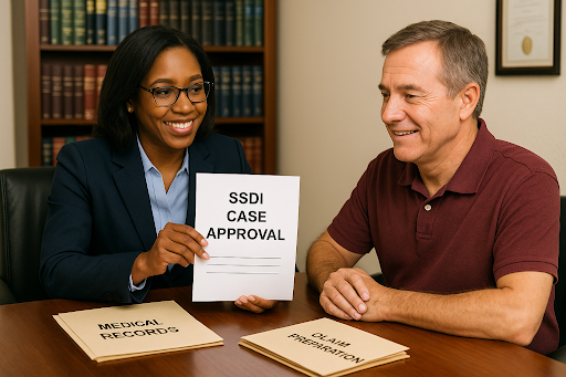 SSDI lawyer presenting approval notice to smiling client in a legal office.