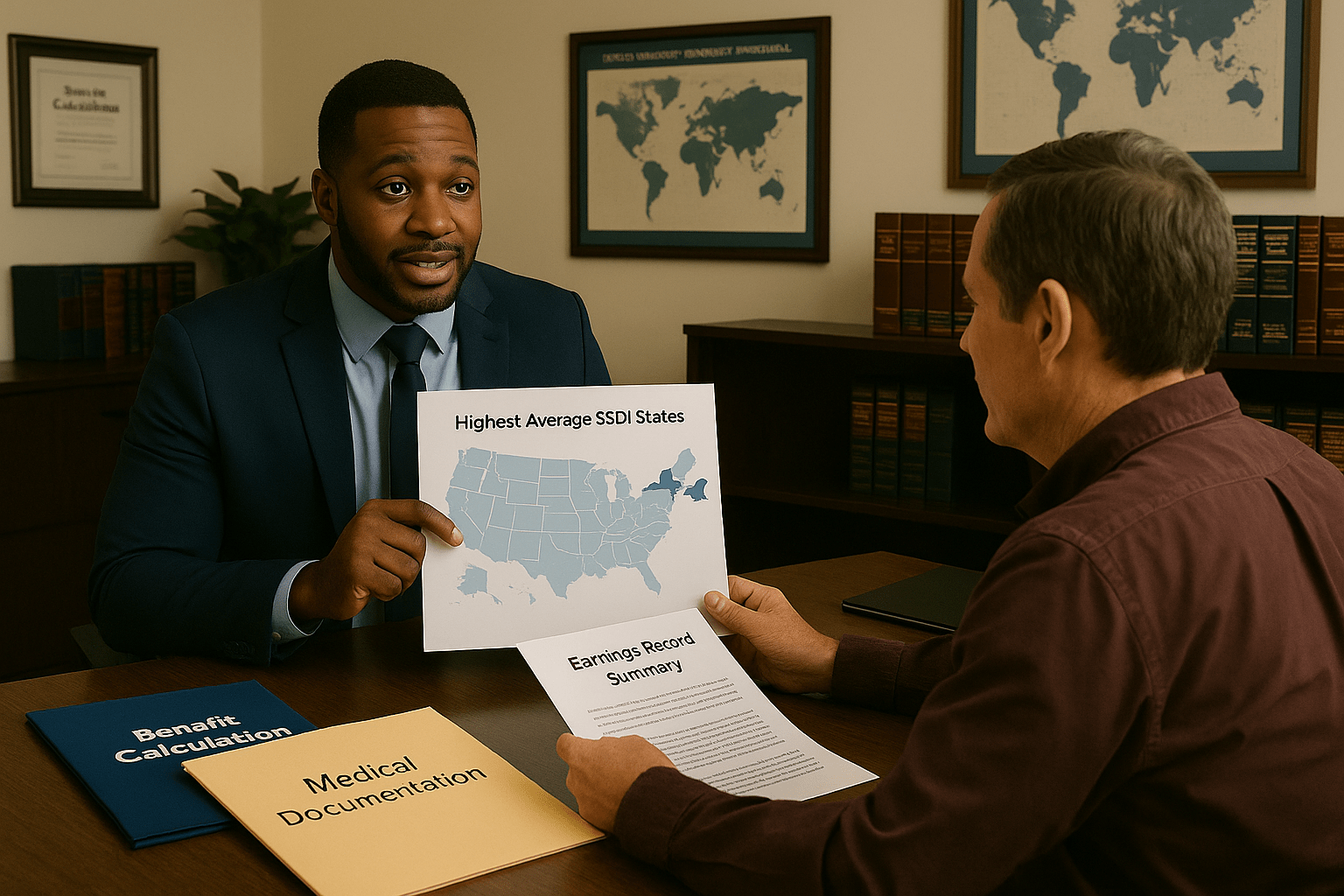 SSDI lawyer explaining highest paying states with corrected benefit documents.