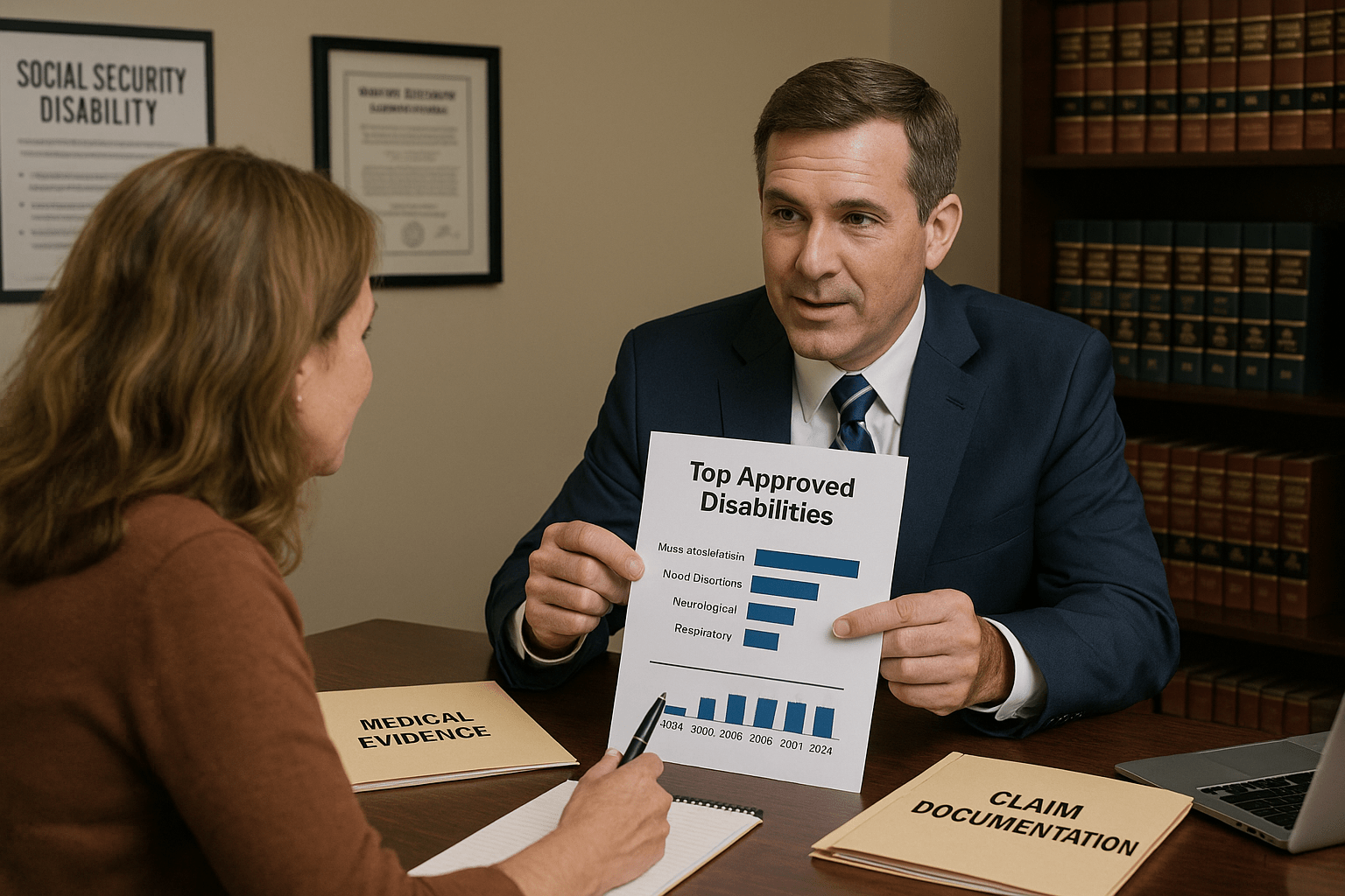 SSDI lawyer explaining top approved disabilities using chart to client.