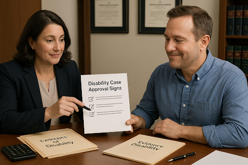 SSDI lawyer reviewing disability case approval signs with smiling client.
