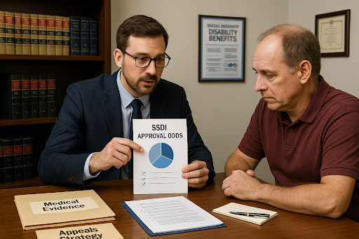 SSDI lawyer explaining approval odds to client using chart and checklist.