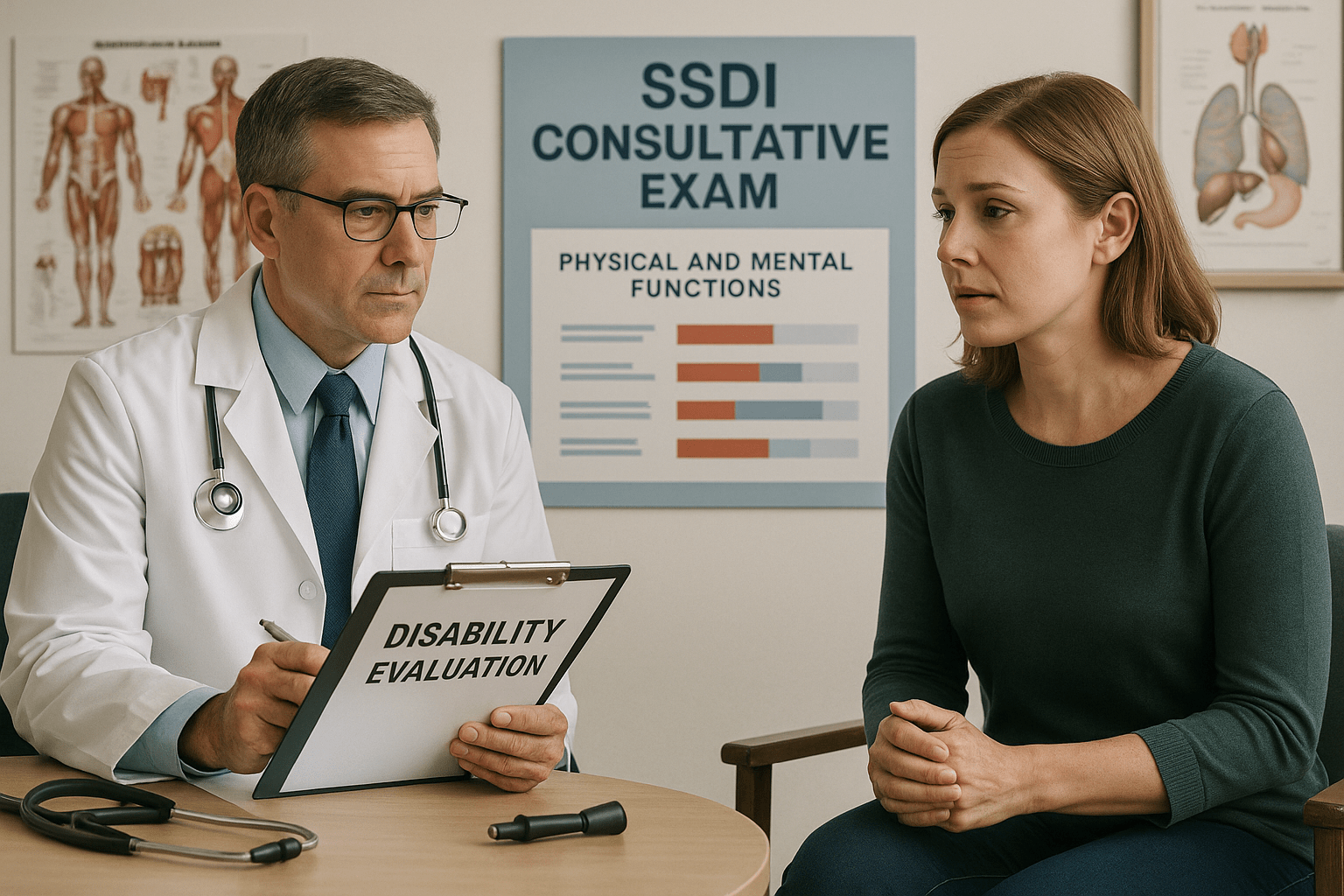 Doctor conducting SSDI consultative exam with female patient.