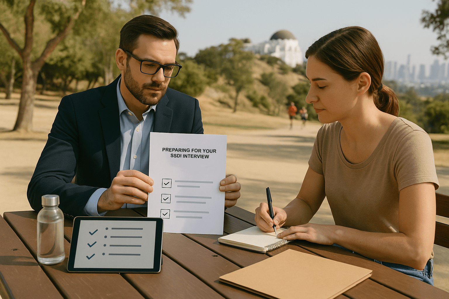 Lawyer and client discuss SSDI interview prep at Griffith Park bench