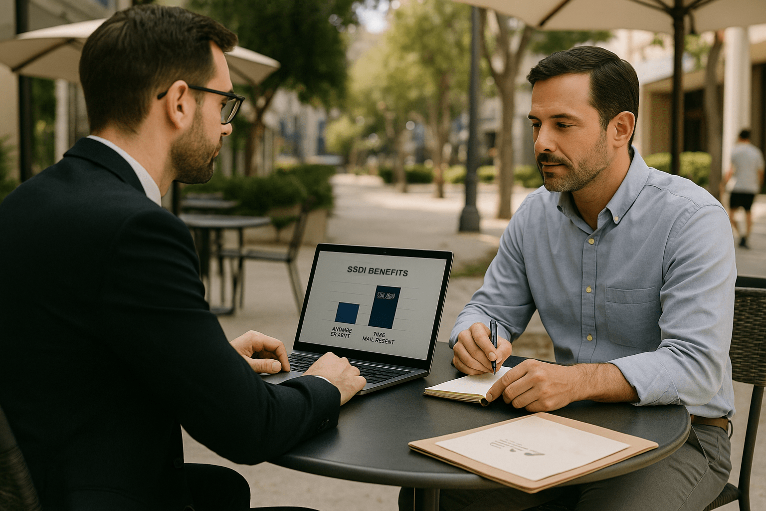 Male SSDI lawyer and client reviewing benefit chart at a Los Angeles café