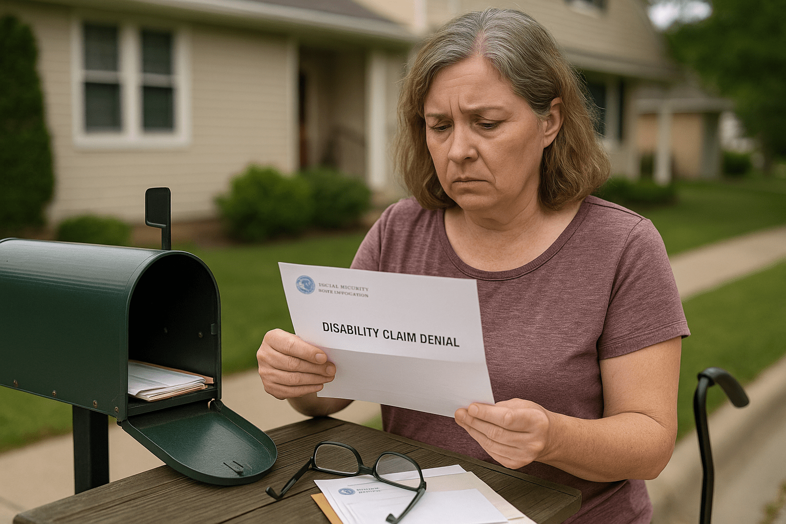 A woman stands by her mailbox reading an SSDI denial letter with visible concern.