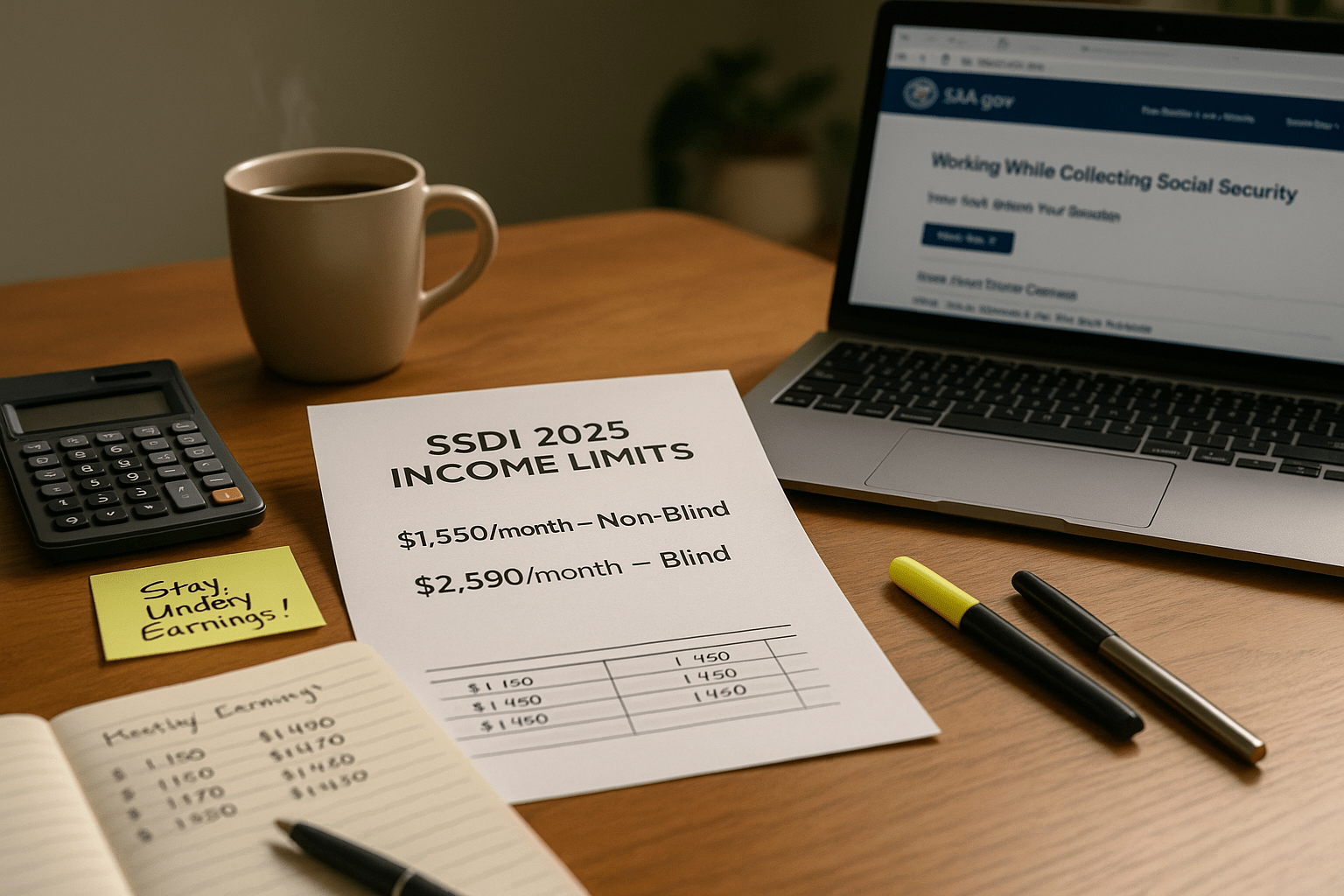 SSDI 2024 income limit guidelines document on a desk with calculator, coffee, and SSA.gov on screen