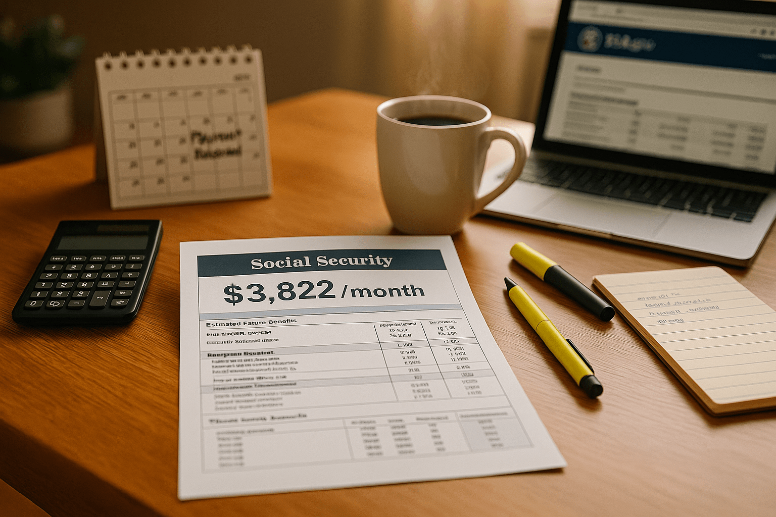 Social Security Disability benefits paperwork showing $3,822/month, surrounded by a calculator, coffee, and planning tools on a desk.