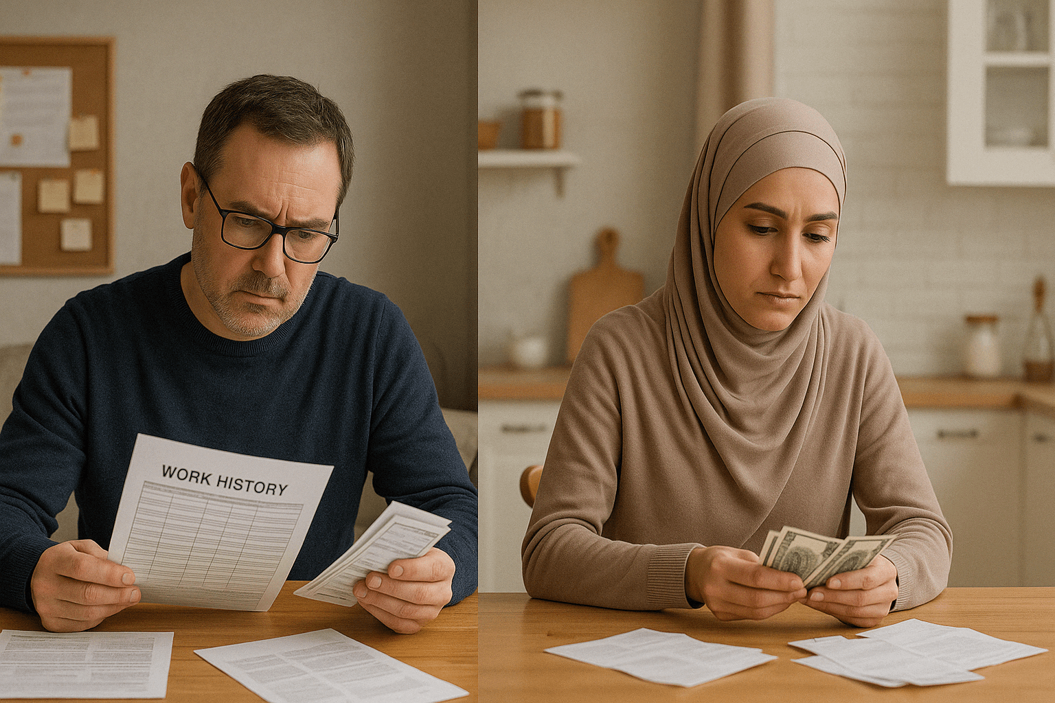 Split-screen depicting SSDI and SSI themes, with a man reviewing work history documents and a woman counting bills.