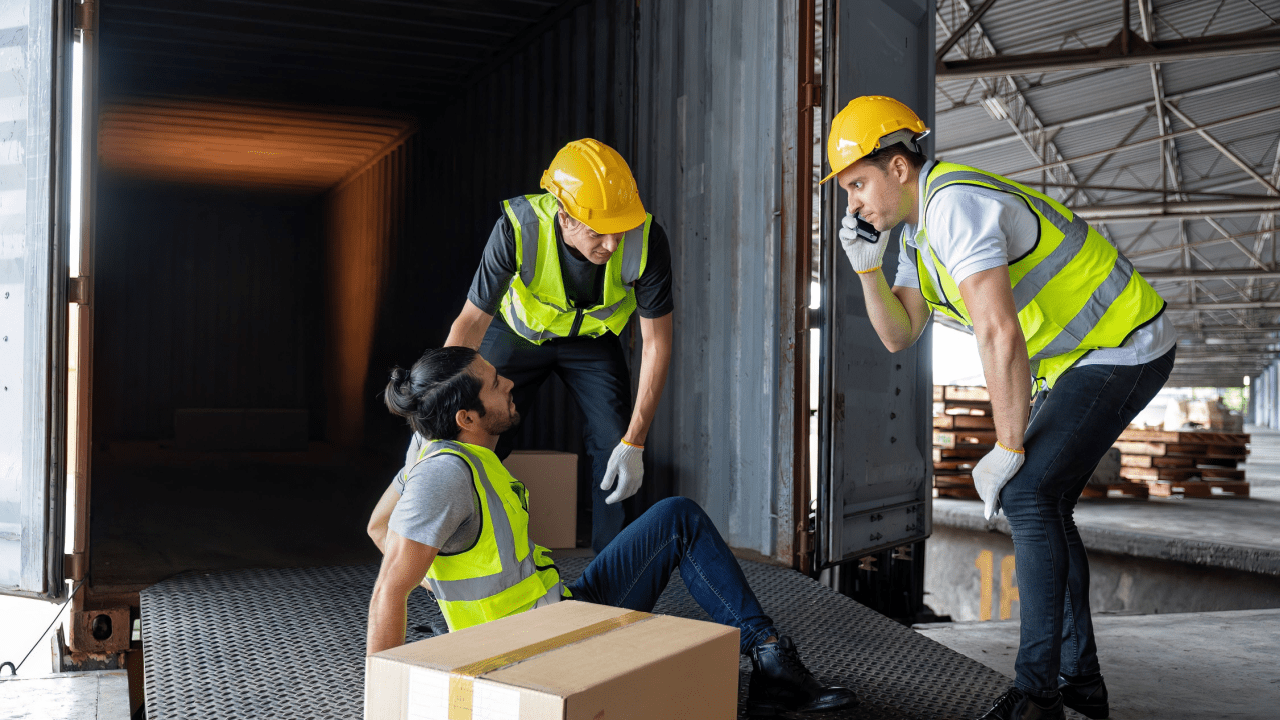 Construction workers providing first aid to injured colleague at warehouse loading dock