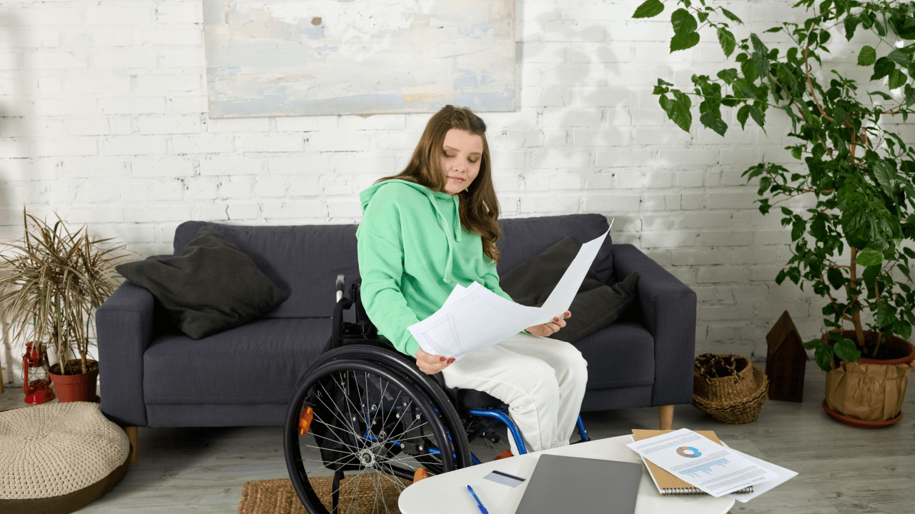 A young woman in a wheelchair reviewing Social Security disability documents at home, researching how long a Social Security disability check is good for